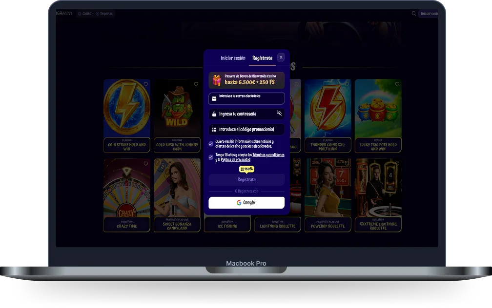 Formulario de registro de SpinGranny Casino en ordenador con bono de bienvenida de hasta 6.500 € y 250 tiradas gratis junto al catálogo de slots y juegos de casino