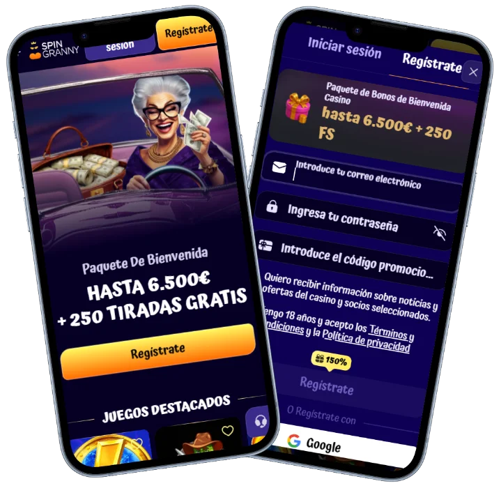 Versión móvil de SpinGranny Casino con paquete de bienvenida de hasta 6.500 € y 250 tiradas gratis junto al formulario de registro para nuevos jugadores